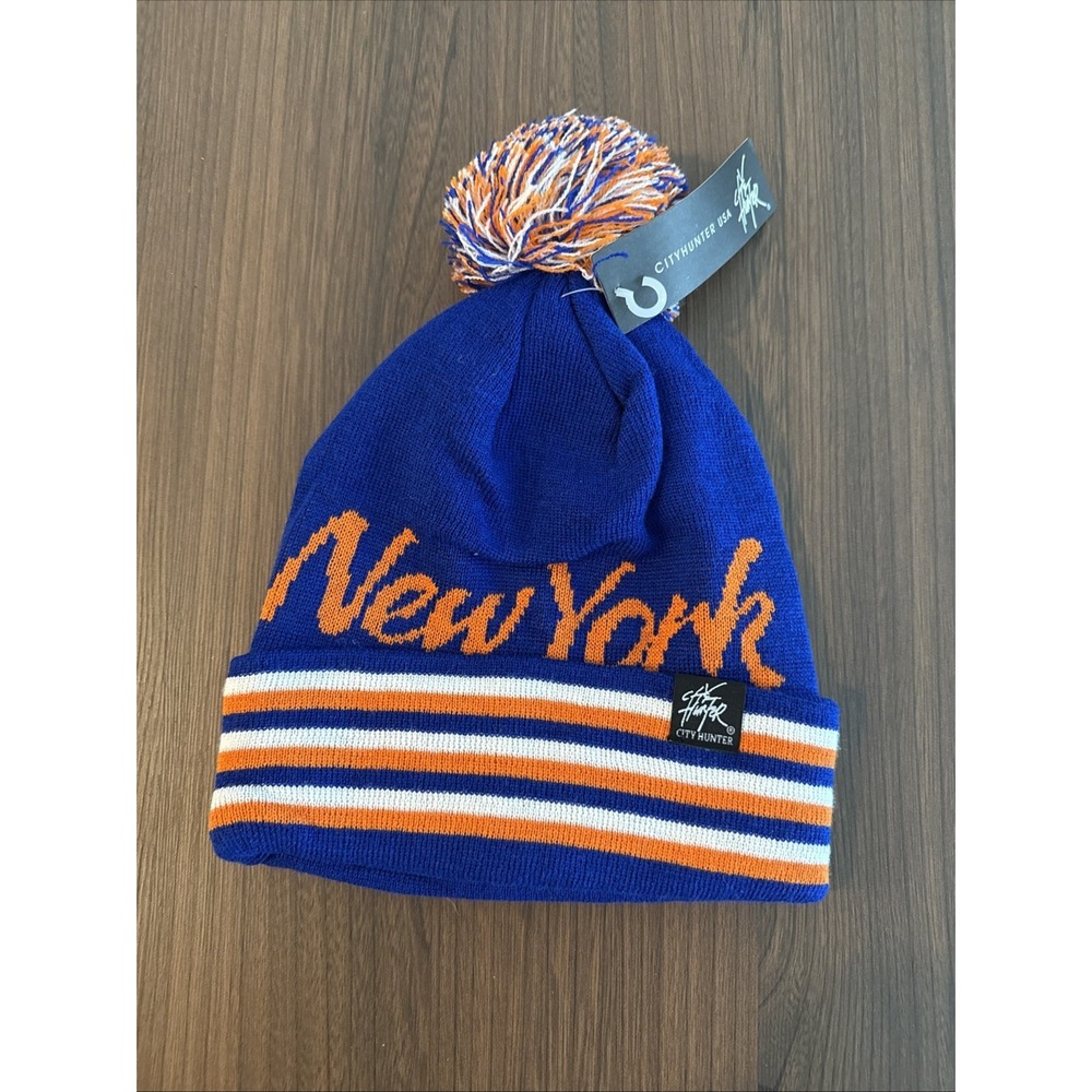 City Hunter New York Knit Winter Hat Blue Orange White Stripes Pompom Unisex